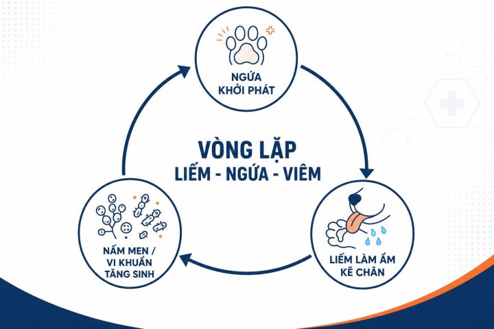 Sơ đồ vòng lặp giải thích cơ chế hành vi liếm chân tạo ra môi trường ẩm bí cho nấm men và vi khuẩn tăng sinh.