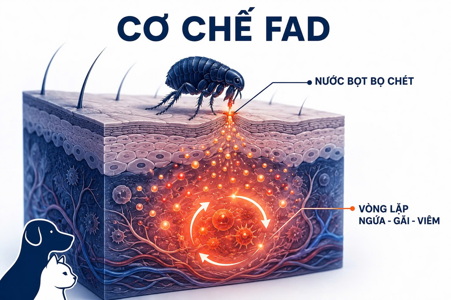 Sơ đồ mặt cắt da mô phỏng cơ chế viêm da dị ứng do protein trong nước bọt bọ chét kích hoạt vòng lặp ngứa và viêm.
