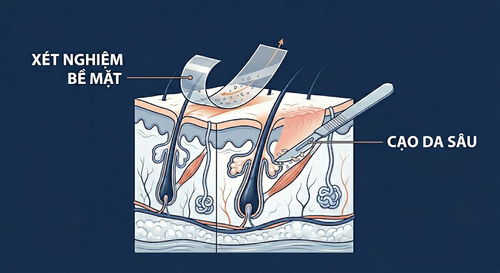 Sơ đồ mô phỏng các xét nghiệm da liễu ở từng độ sâu khác nhau của cấu trúc da chó mèo.