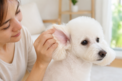 Chủ nuôi nhẹ nhàng kiểm tra tình trạng tai chó bị đỏ sau khi nhổ lông.