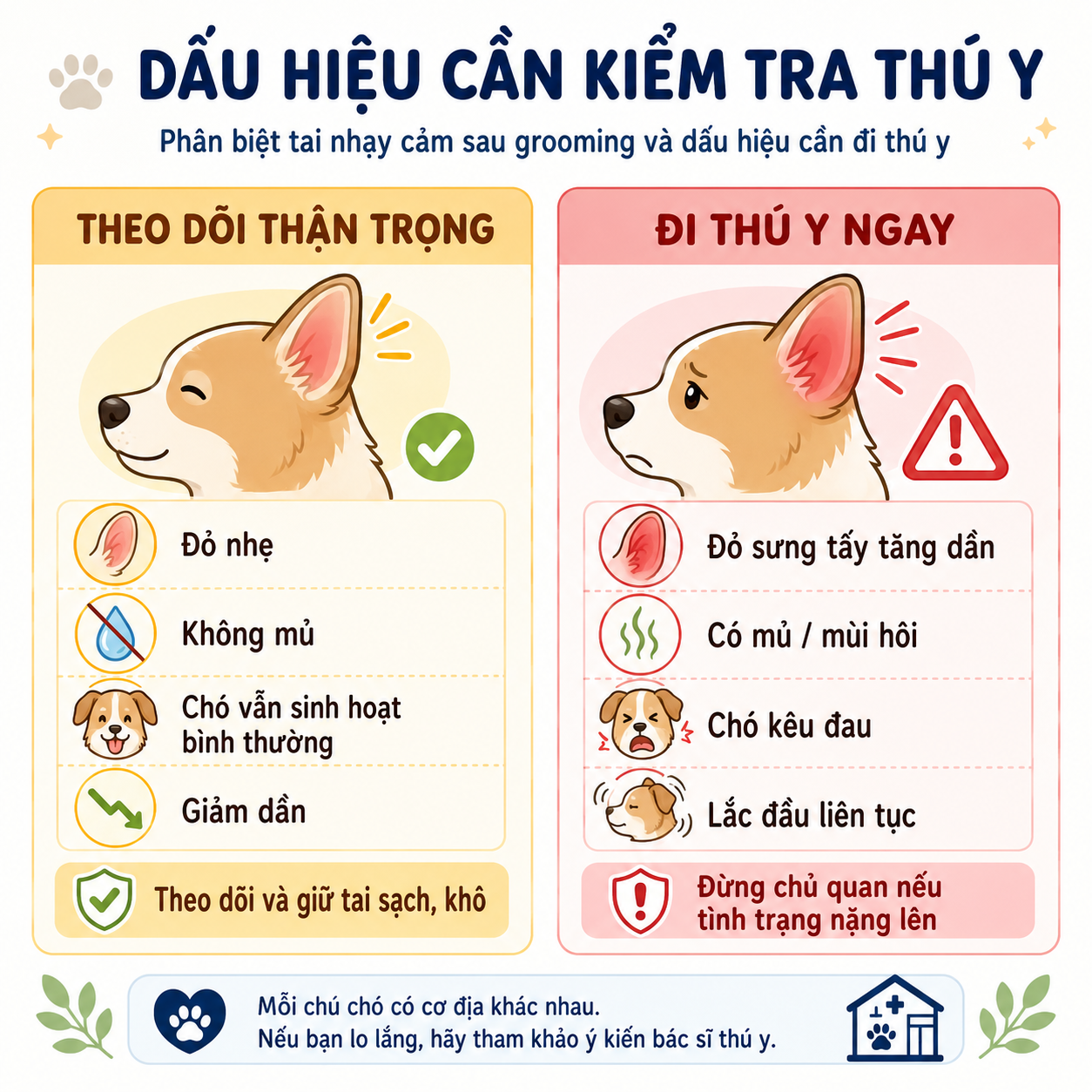 Infographic phân biệt dấu hiệu tai nhạy cảm sau grooming và dấu hiệu cần kiểm tra thú y.
