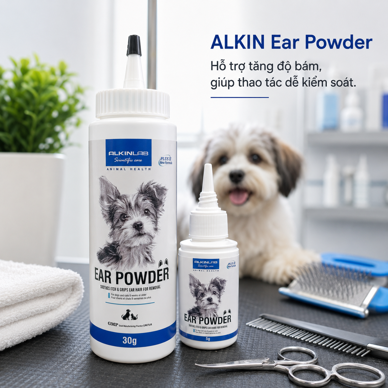 ALKIN Ear Powder hỗ trợ tăng độ bám khi xử lý lông tai chó mèo.