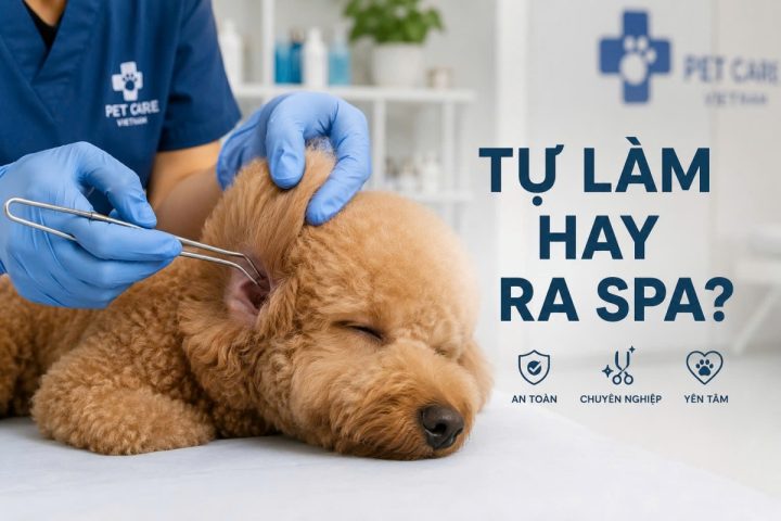 Bác sĩ thú y hoặc groomer chuyên nghiệp đang chuẩn bị thao tác nhổ lông tai an toàn cho chó Poodle.