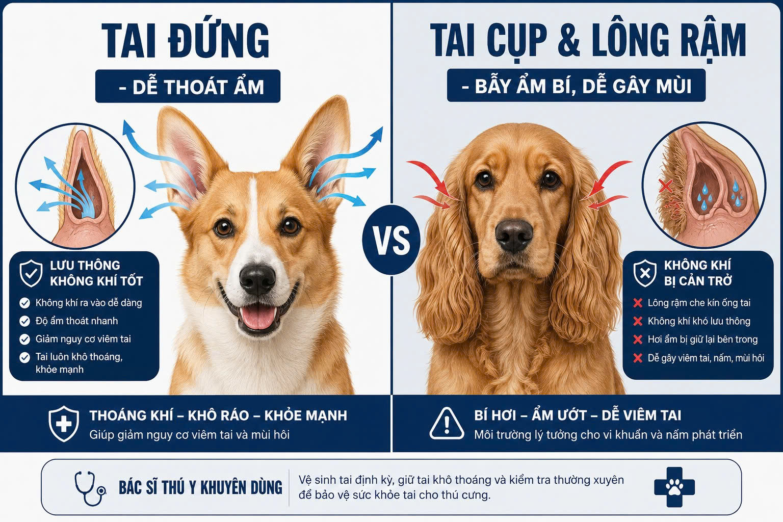 Đồ họa so sánh sự khác biệt về độ thông thoáng không khí giữa cấu trúc tai đứng và tai cụp, nhiều lông ở chó mèo.