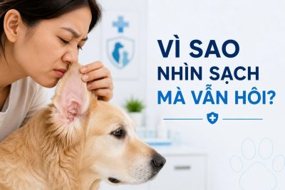 Ảnh đại diện mô tả người nuôi thắc mắc khi tai chó mèo có mùi hôi dù quan sát bề mặt vành tai vẫn sạch sẽ, hồng hào.