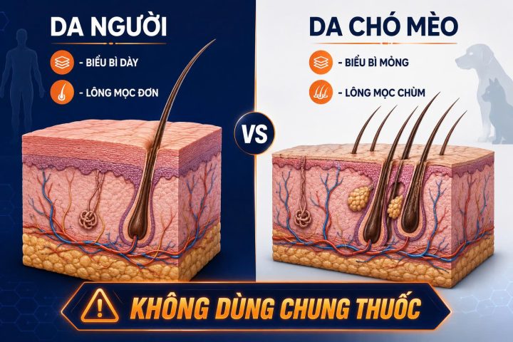 Sơ đồ mặt cắt so sánh chi tiết độ dày biểu bì và cấu trúc nang lông giữa da người và da chó mèo để giải thích lý do không dùng chung thuốc.