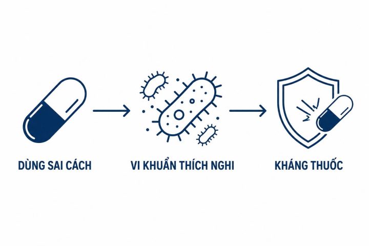 Sơ đồ mô phỏng 3 bước dẫn đến tình trạng kháng kháng sinh ở chó mèo khi người nuôi rắc bột thuốc hoặc dùng thuốc sai cách.