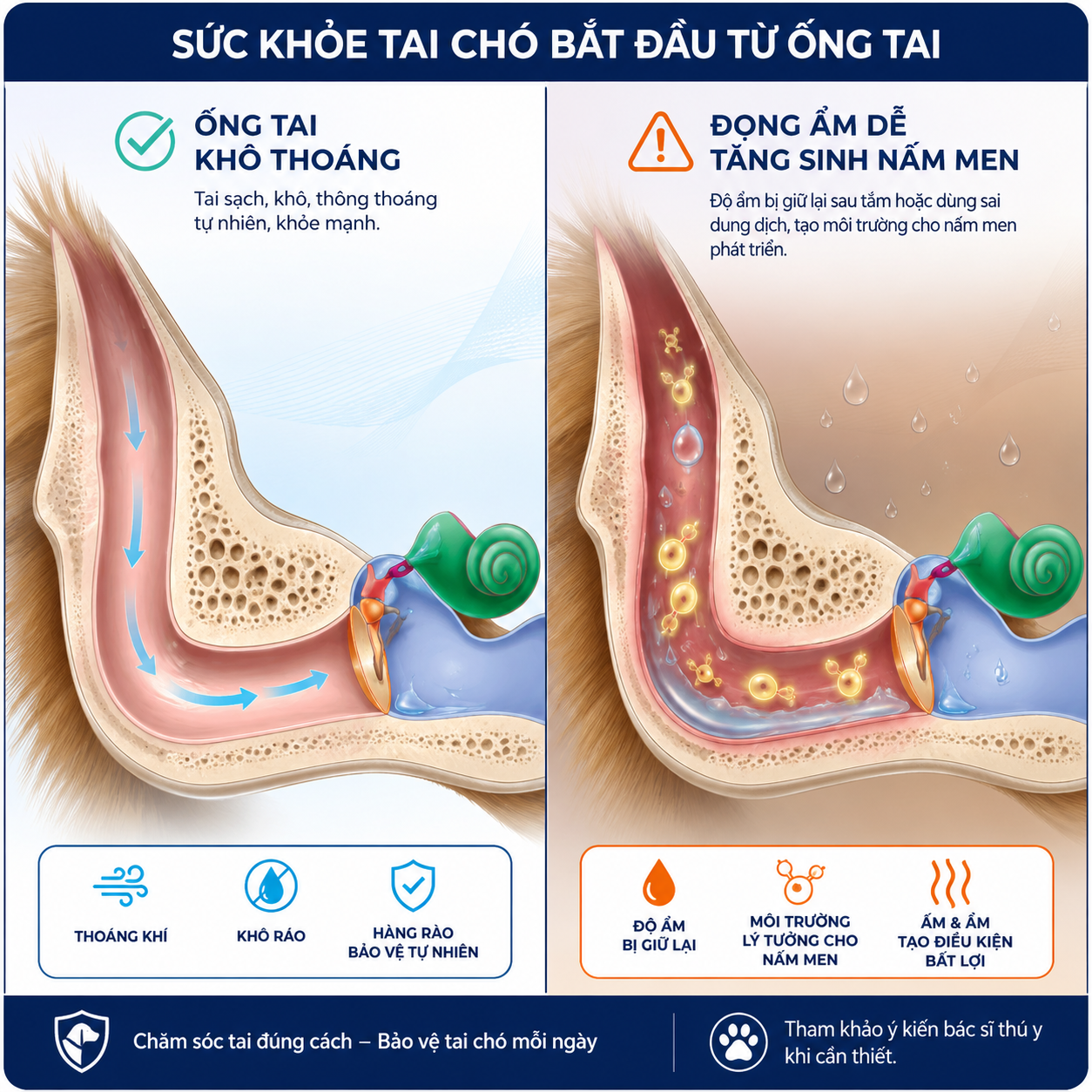 Đồ họa cảnh báo tác hại của việc để đọng ẩm trong ống tai tạo điều kiện cho nấm men phát triển.