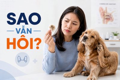 Ảnh đại diện mô tả sự bối rối của người nuôi khi đã dùng bông lau vệ sinh nhưng tai chó mèo vẫn bốc mùi hôi.