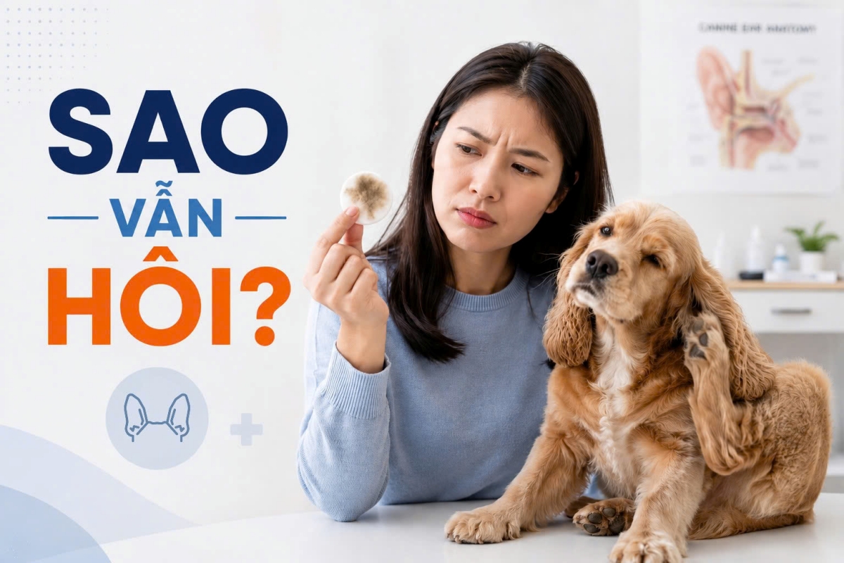 Ảnh đại diện mô tả sự bối rối của người nuôi khi đã dùng bông lau vệ sinh nhưng tai chó mèo vẫn bốc mùi hôi.