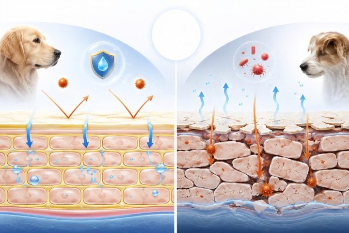 Sơ đồ mô phỏng màng lipid bảo vệ da và hiện tượng thất thoát độ ẩm khi da chó mèo bị tổn thương.