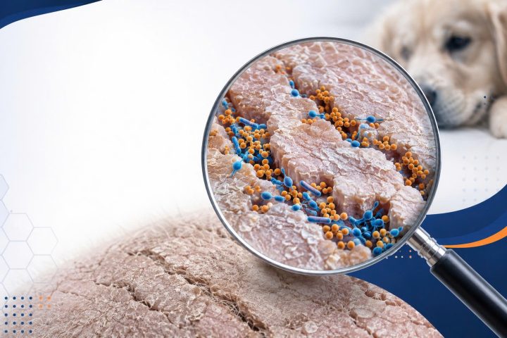 Sơ đồ mô phỏng sự tăng sinh quá mức của vi khuẩn và nấm men tại các khe nứt của hàng rào da chó mèo.