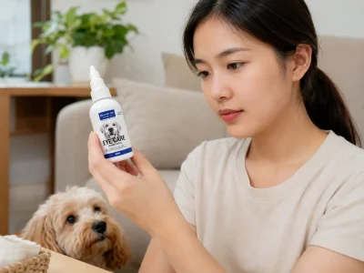 Chủ nuôi đọc nhãn dung dịch vệ sinh mắt trong khi chó và mèo ngồi cạnh.