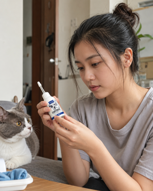 Chủ nuôi đọc thành phần và hướng dẫn sử dụng trên nhãn dung dịch vệ sinh tai mèo.