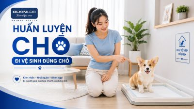 Chủ nuôi trẻ hướng dẫn chó Corgi con đứng cạnh khu vực vệ sinh cố định trong phòng khách sạch sẽ.