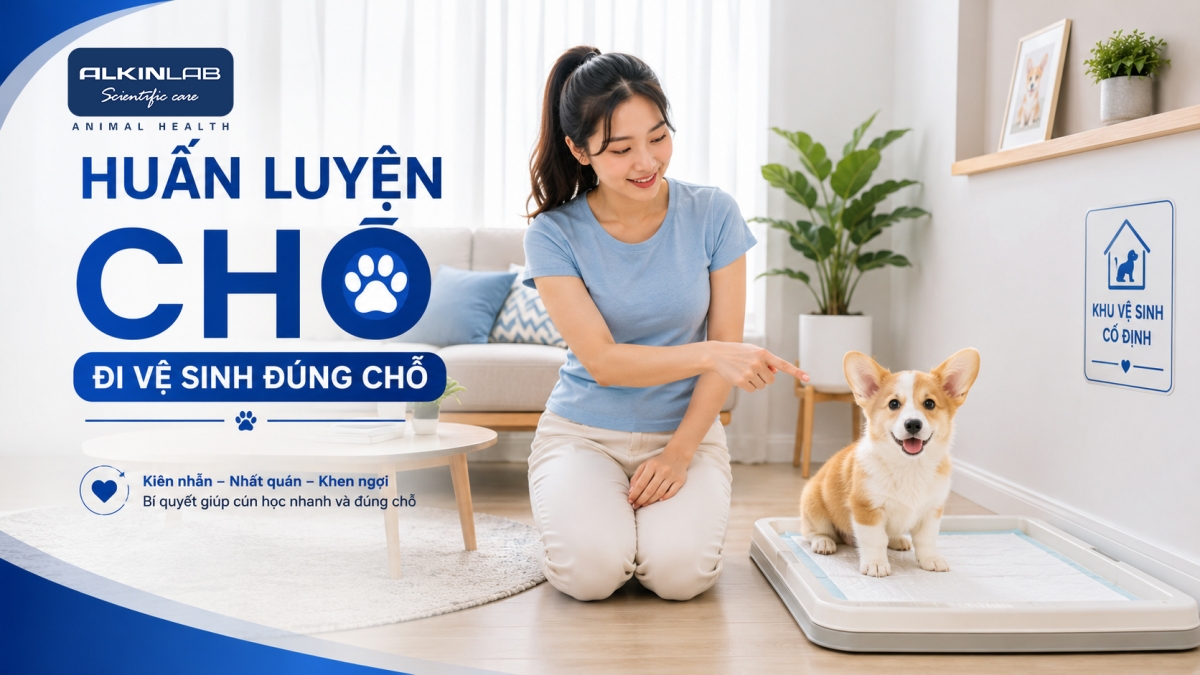 Chủ nuôi trẻ hướng dẫn chó Corgi con đứng cạnh khu vực vệ sinh cố định trong phòng khách sạch sẽ.