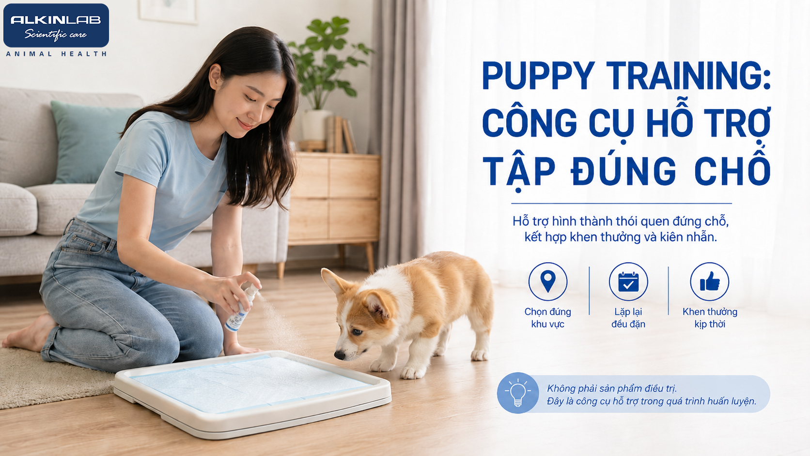 Chủ nuôi xịt ALKIN Puppy Training lên khu vực vệ sinh sạch để hỗ trợ chó Corgi con làm quen với vị trí đi vệ sinh.