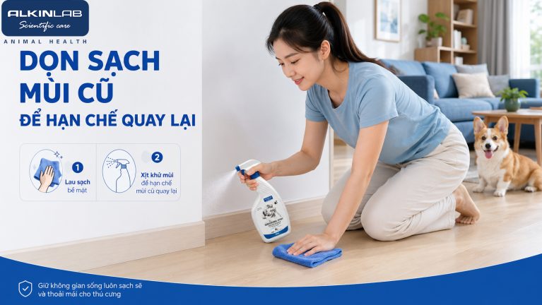 Chủ nuôi lau sạch khu vực chó từng đi sai chỗ và dùng xịt khử mùi để hỗ trợ giảm mùi cũ trong phòng khách.