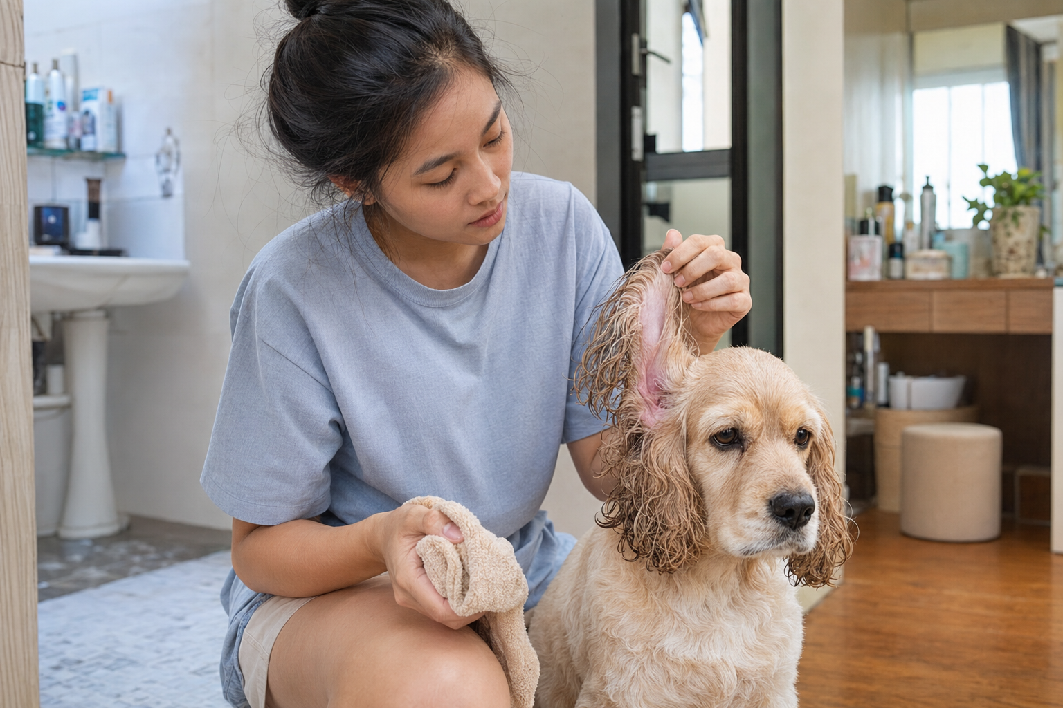 Chủ nuôi kiểm tra phần tai ngoài còn hơi ẩm của chó Cocker Spaniel sau khi tắm.