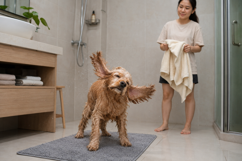 Chó Cocker Spaniel lắc đầu tự nhiên sau khi tắm trong khi chủ nuôi đứng gần với khăn khô.