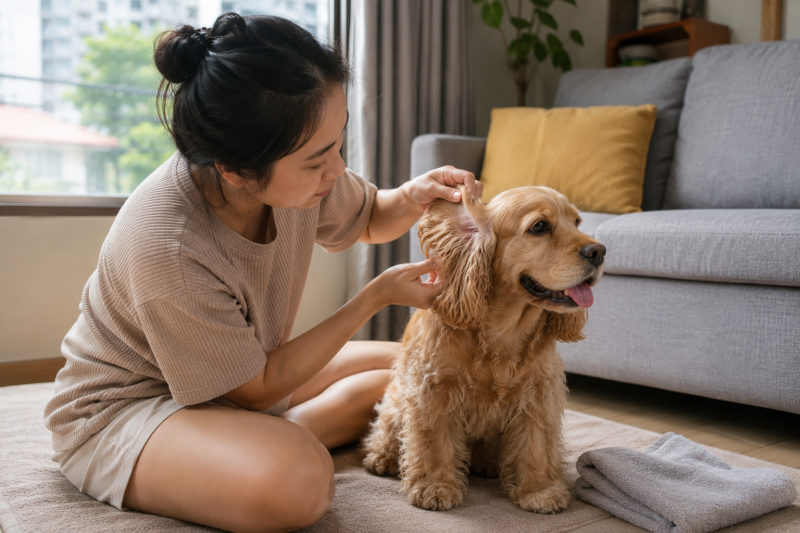Chủ nuôi kiểm tra lại vùng tai ngoài của chó sau khi đã thấm khô.