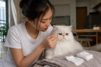 Chủ nuôi kiểm tra phần lông ẩm dưới mắt mèo Ba Tư trước khi vệ sinh.