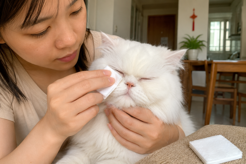 Gạc ẩm được đặt nhẹ lên ghèn khô quanh khóe mắt mèo Ba Tư để làm mềm.