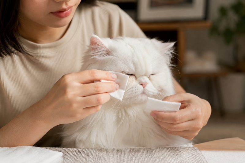 Chủ nuôi lau một chiều và dùng gạc khô thấm phần lông dưới mắt mèo Ba Tư.