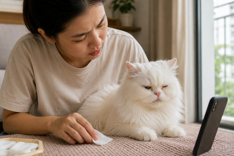 Chủ nuôi dừng vệ sinh khi mèo Ba Tư nheo mắt và né tránh.