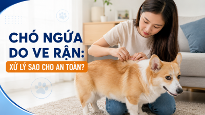 Chủ nuôi rẽ lông kiểm tra vùng da chó đang ngứa nghi do ve rận trong không gian nhà sạch sẽ.