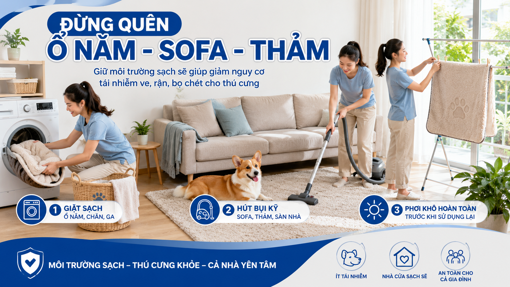 Chủ nuôi vệ sinh ổ nằm, sofa và thảm để hạn chế tái nhiễm ve rận cho chó.