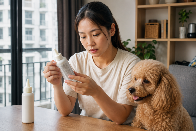 Chủ nuôi đọc nhãn chai vệ sinh tai trước khi chọn cho chó tai cụp.