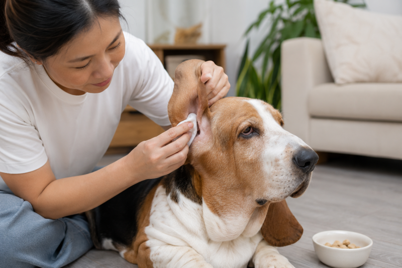 Chủ nuôi lau nhẹ phần tai ngoài của chó tai cụp bằng bông mềm.