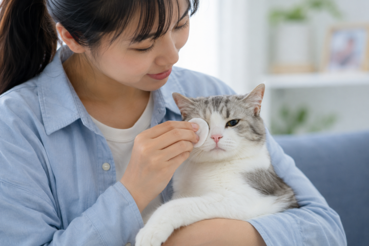 Chủ nuôi nhẹ nhàng vệ sinh vùng quanh mắt cho mèo bằng bông mềm sạch.