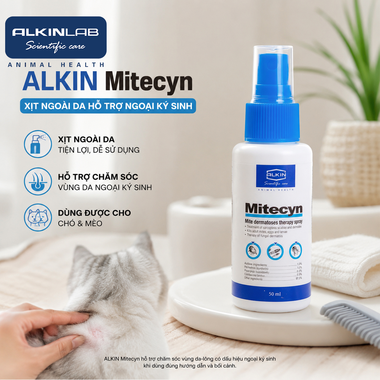 Chai xịt ngoài da ALKIN Mitecyn hỗ trợ chăm sóc vùng da-lông trong bối cảnh ngoại ký sinh phù hợp