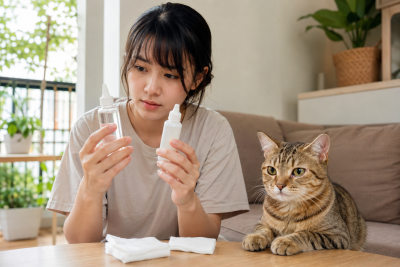 Chủ nuôi mèo so sánh nước muối vô trùng và dung dịch vệ sinh vùng mắt.
