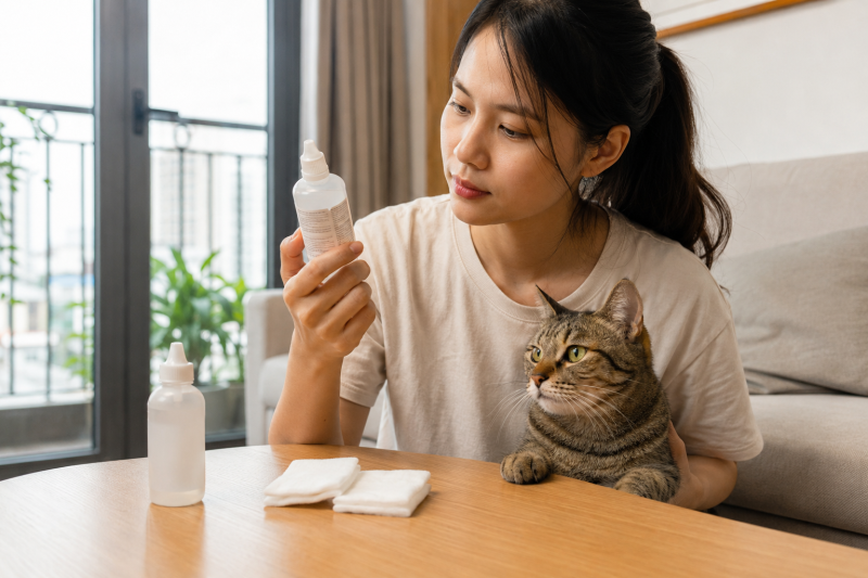 Chủ nuôi đọc nhãn chai nước rửa mắt vô trùng trước khi dùng cho mèo.