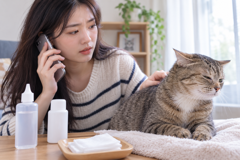 Chủ nuôi dừng vệ sinh khi mèo có biểu hiện khó chịu ở mắt.