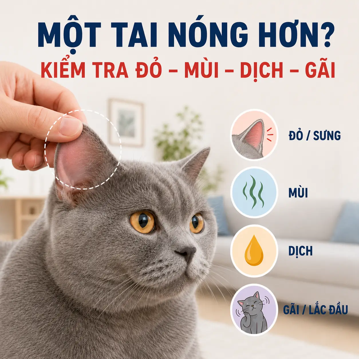 Chủ nuôi kiểm tra vành tai ngoài của mèo cùng các dấu hiệu đỏ, đau, mùi, dịch và gãi tai.