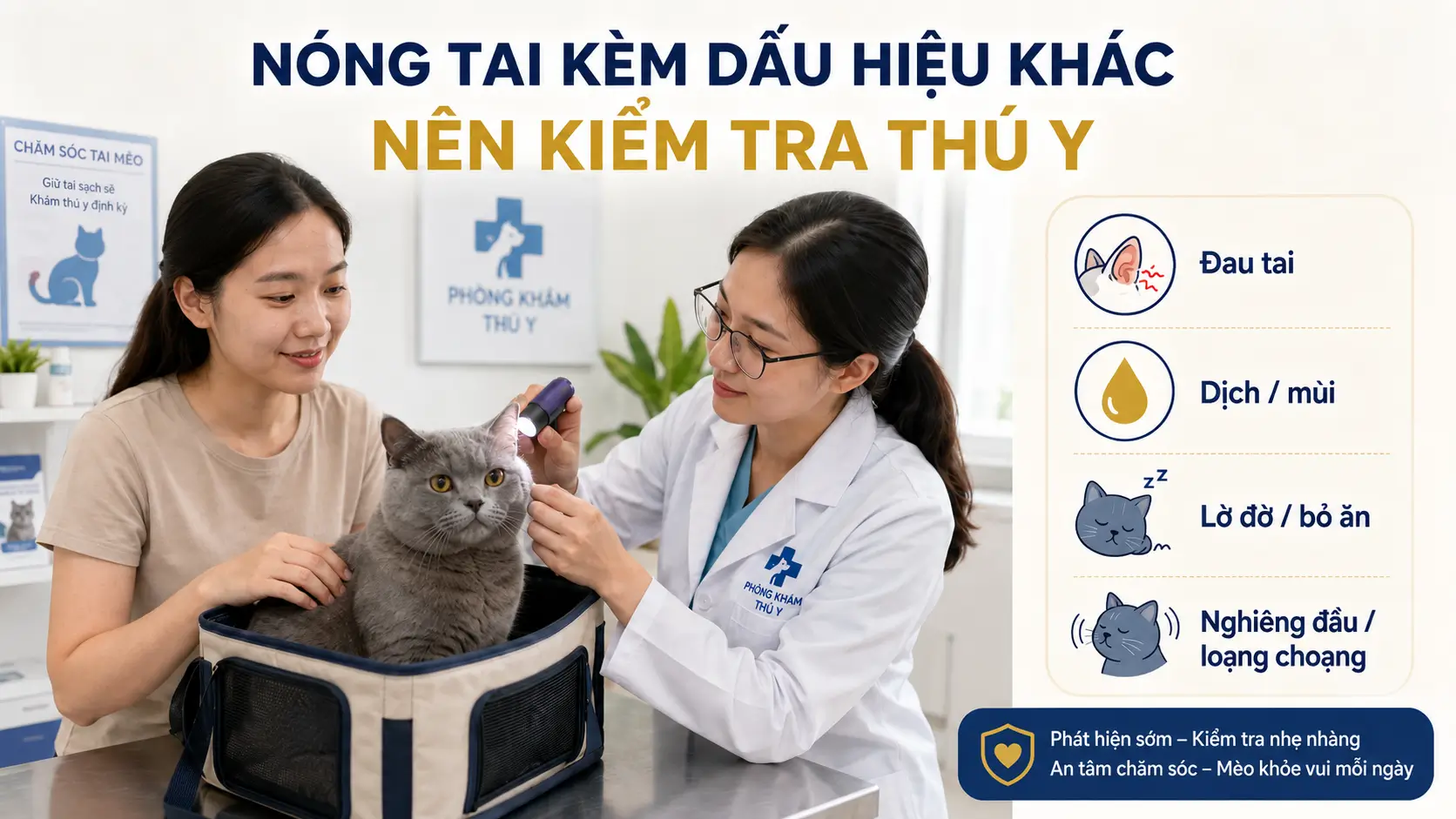 Mèo được kiểm tra tai tại phòng khám khi có đau tai, dịch, lờ đờ hoặc mất thăng bằng.
