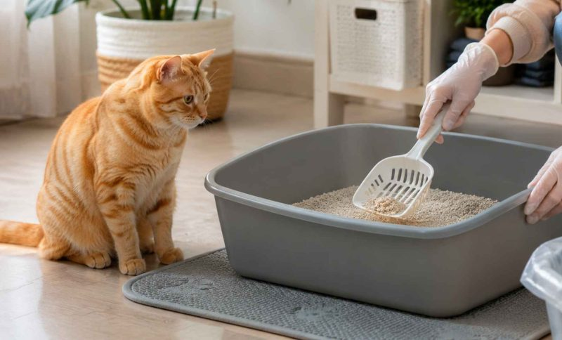 Người nuôi xúc cục cát vón khỏi khay vệ sinh của mèo.