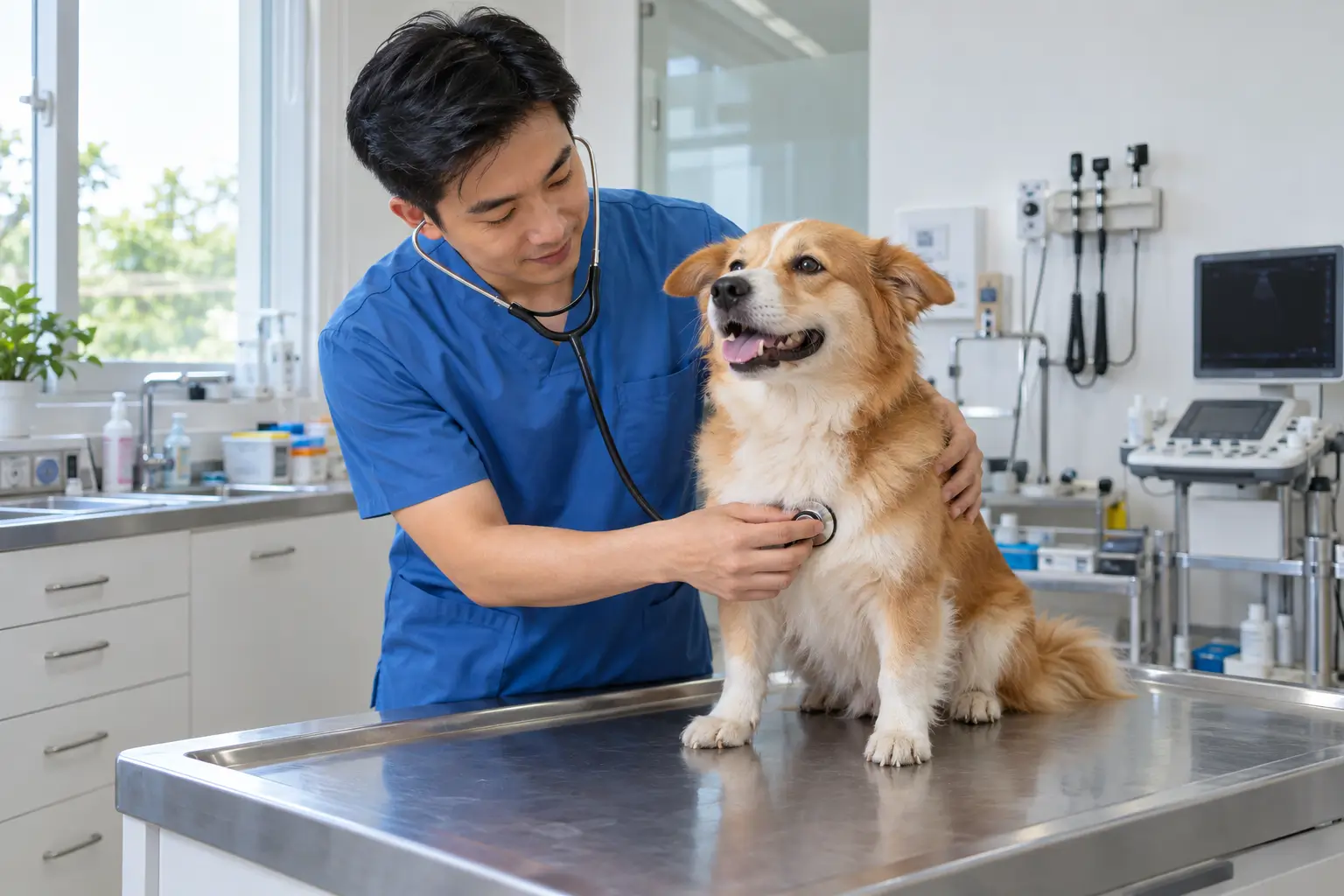 Bác sĩ thú y kiểm tra chẩn đoán nguyên nhân bệnh da ở chó.