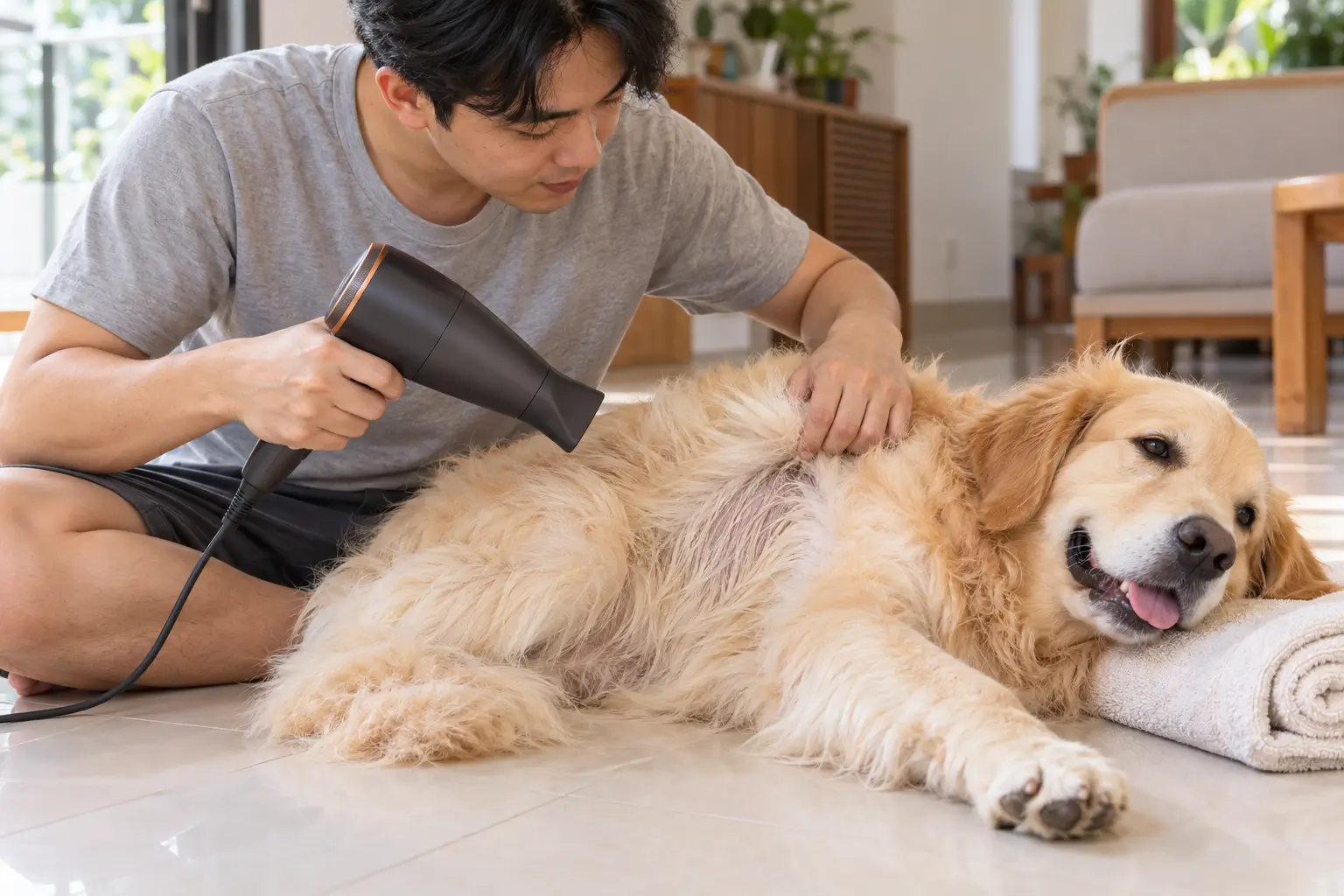 hướng dẫn cách chia lớp lông để sấy khô tận chân lông cho chó.