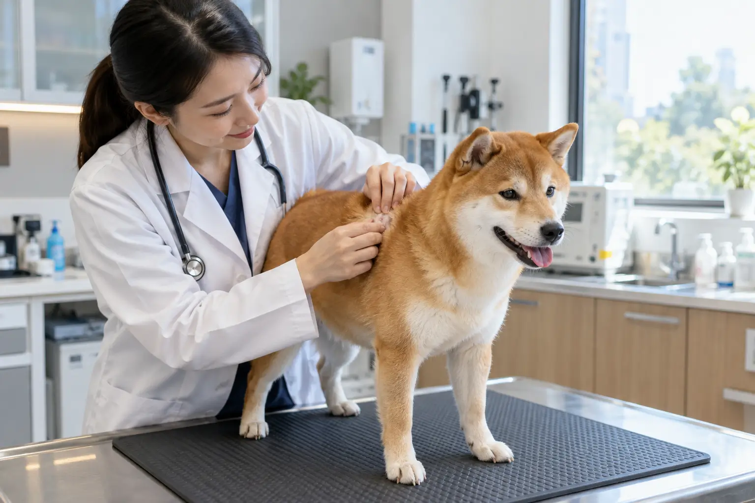 Bác sĩ thú y kiểm tra da cho chó tại phòng khám.