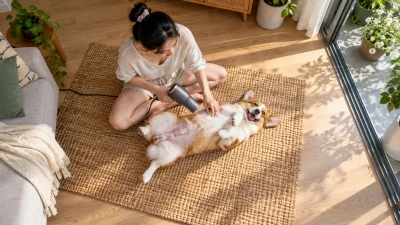 Góc nhìn từ trên cao xuống cô gái Việt Nam đang sấy khô lông cho chú chó Corgi trong phòng khách.