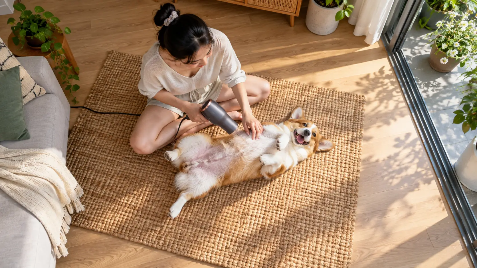 Góc nhìn từ trên cao xuống cô gái Việt Nam đang sấy khô lông cho chú chó Corgi trong phòng khách.